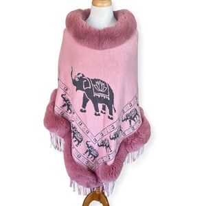 ✨ Boho Elephant Poncho Shawl with Faux Fur Trim ✨